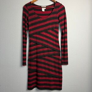 M.S.S.P Red Black Striped Long Sleeve Dress XS Layered Bodycon Party Casual Sexy